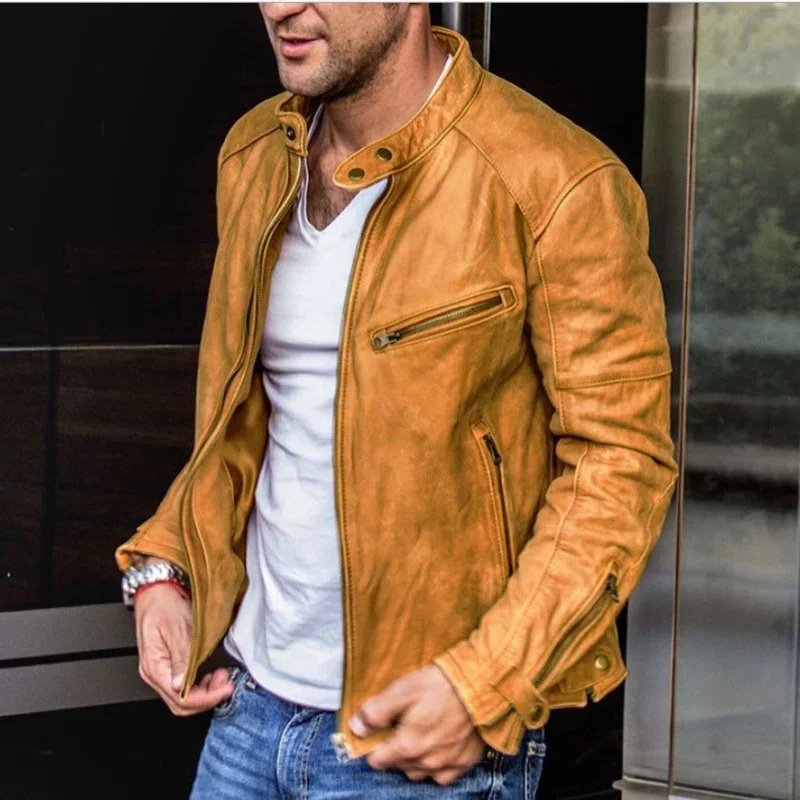 United States Handsome Motorcycle Leather Coat Western Cowboy Standing Collar Jacket Men Casual PU Tide