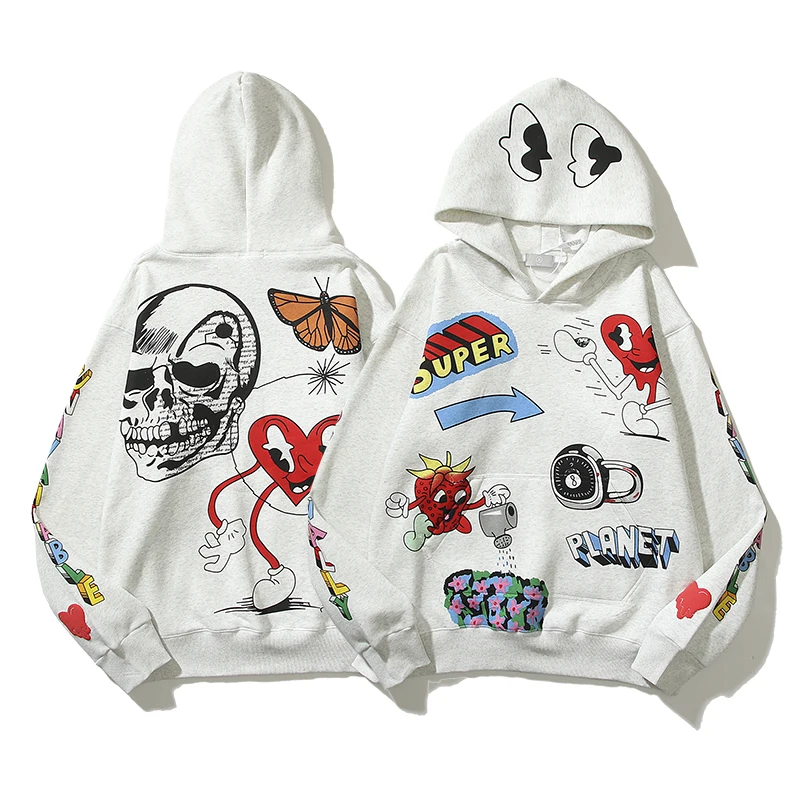 

Harajuku EU Retro Red Heart Skull Graffiti Pullover Fleece Mens Sweatshirts Loose Streetwear Oversized Couple Hooded Hoodies