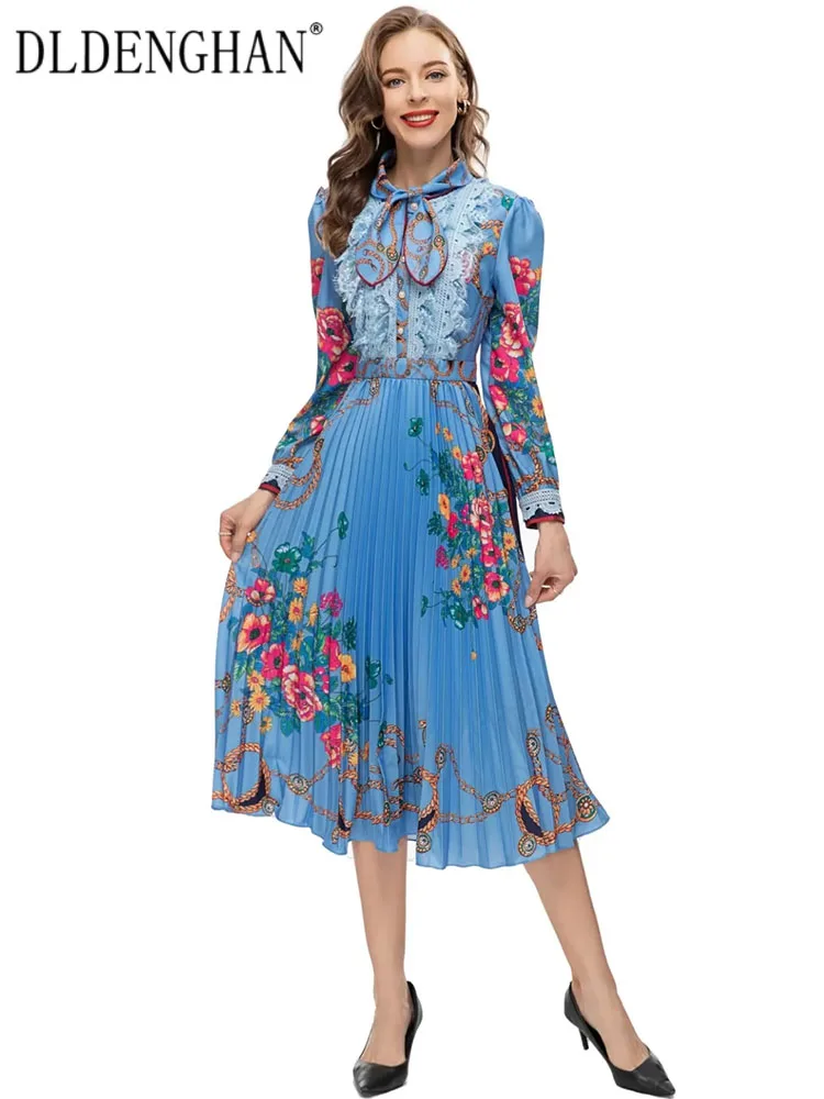 

Платье DLDENGHAN женское с бантом на воротнике, винтажное Плиссированное модельное платье с длинным рукавом, в стиле пэчворк, с цветочным принтом, весна-лето
