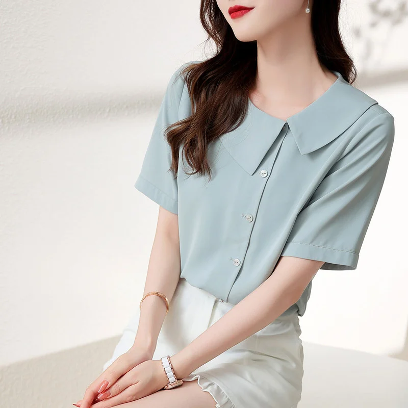 

Шифоновая женская блузка, однотонная Свободная рубашка, летний Повседневный Топ с коротким рукавом, модная новинка 2022, Одежда большого разм...