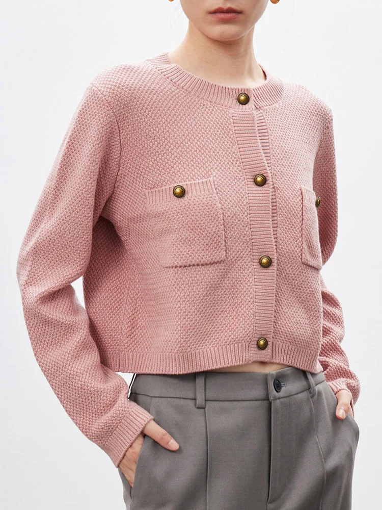 

Женский Укороченный кардиган, розовый вязаный Укороченный кардиган с круглым вырезом и карманами, модный дизайнерский укороченный топ в Корейском стиле, зимняя одежда, 2023