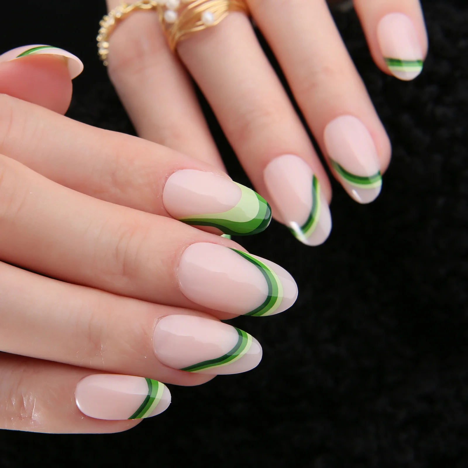 

Glossy Medium Oval Pink Press on nails Round Green Swirl French Reusable Fake Nails Stick On False Acrylic Nail Vortex Art Tips