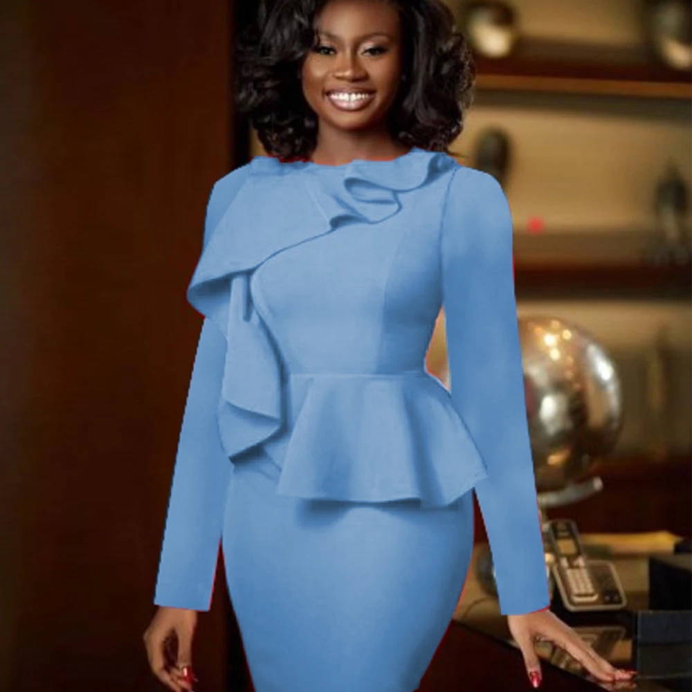 

Bodycon Dress Elegant Peplum Ruffles Long Sleeve Spring Autumn Classy Party Office Ladies Bridesmaid Midi Dresses for Women New