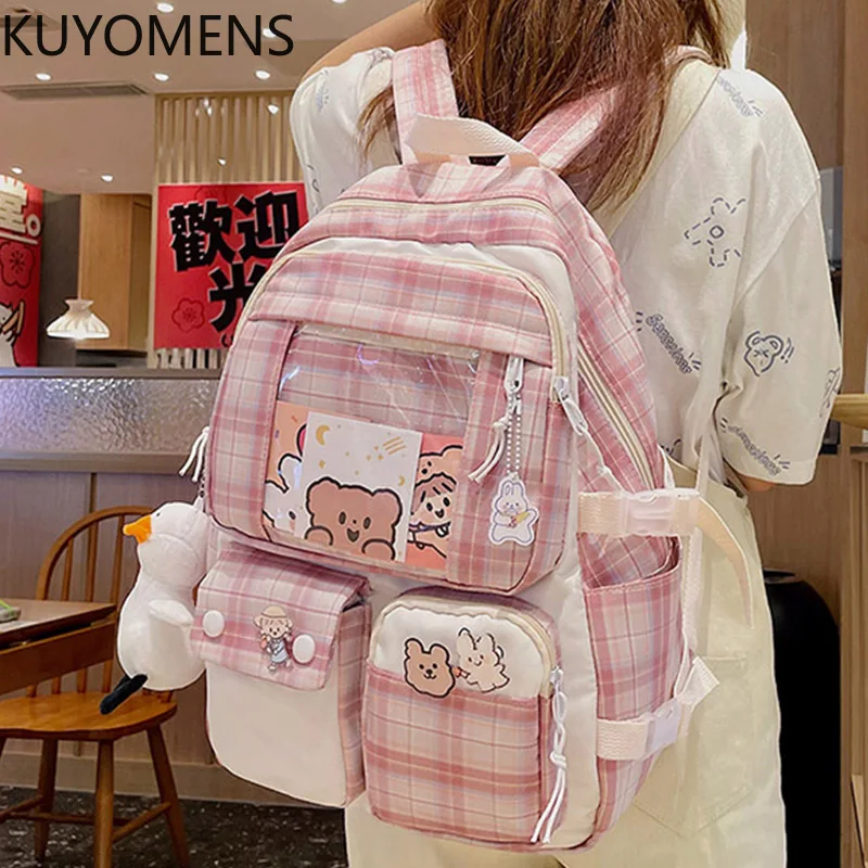 

Клетчатый прозрачный рюкзак из ПВХ для девочек, рюкзак для колледжа, вместительные нейлоновые водонепроницаемые школьные рюкзаки для женщ...