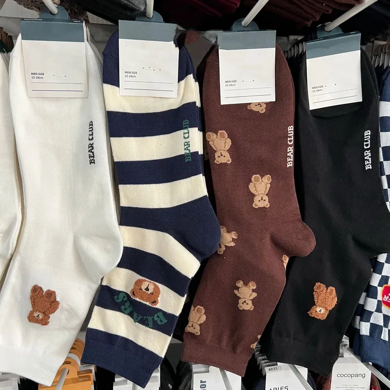 casual cute bear men's socks cotton cartoon harajuku skateboard socks novelty breathable soft happy sox gift for men носки