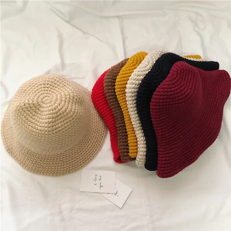 Korean retro hand-knitted hat women warm fisherman hat rough wool hat autumn and winter collapsible basin hat