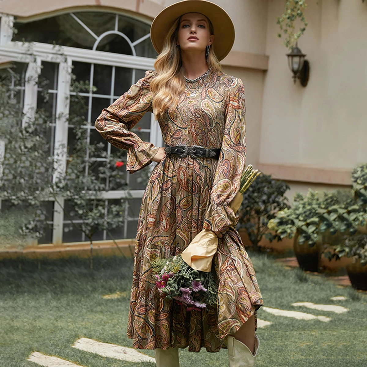 

Jastie Spring Retro Print Brown Women Midi Dress O-Neck Lantern Long Sleeve Pleated Hem Long Dresses Casual Holiday Vestidos
