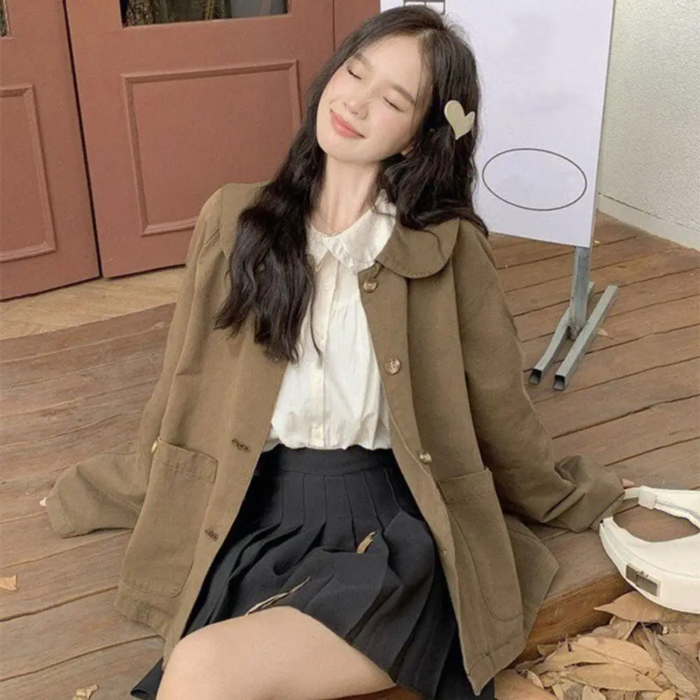 

Simple Appearance Women Jacket Chic Korean-inspired Doll Collar Coat with Big Pockets Loose-fit Single-breasted for Spring
