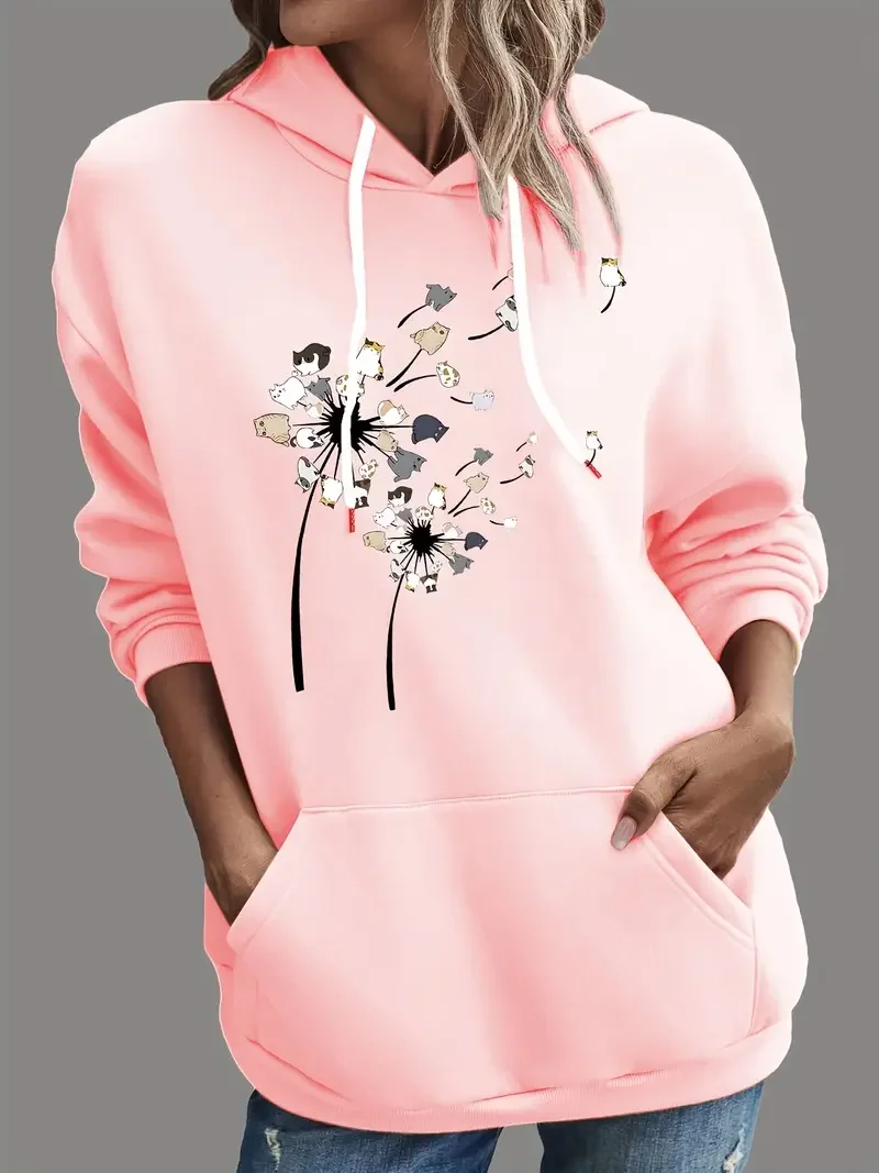 

Толстовка с принтом Милого Розового кота, модная Осенняя Новая повседневная Свободная куртка с карманами и кулиской, женская одежда