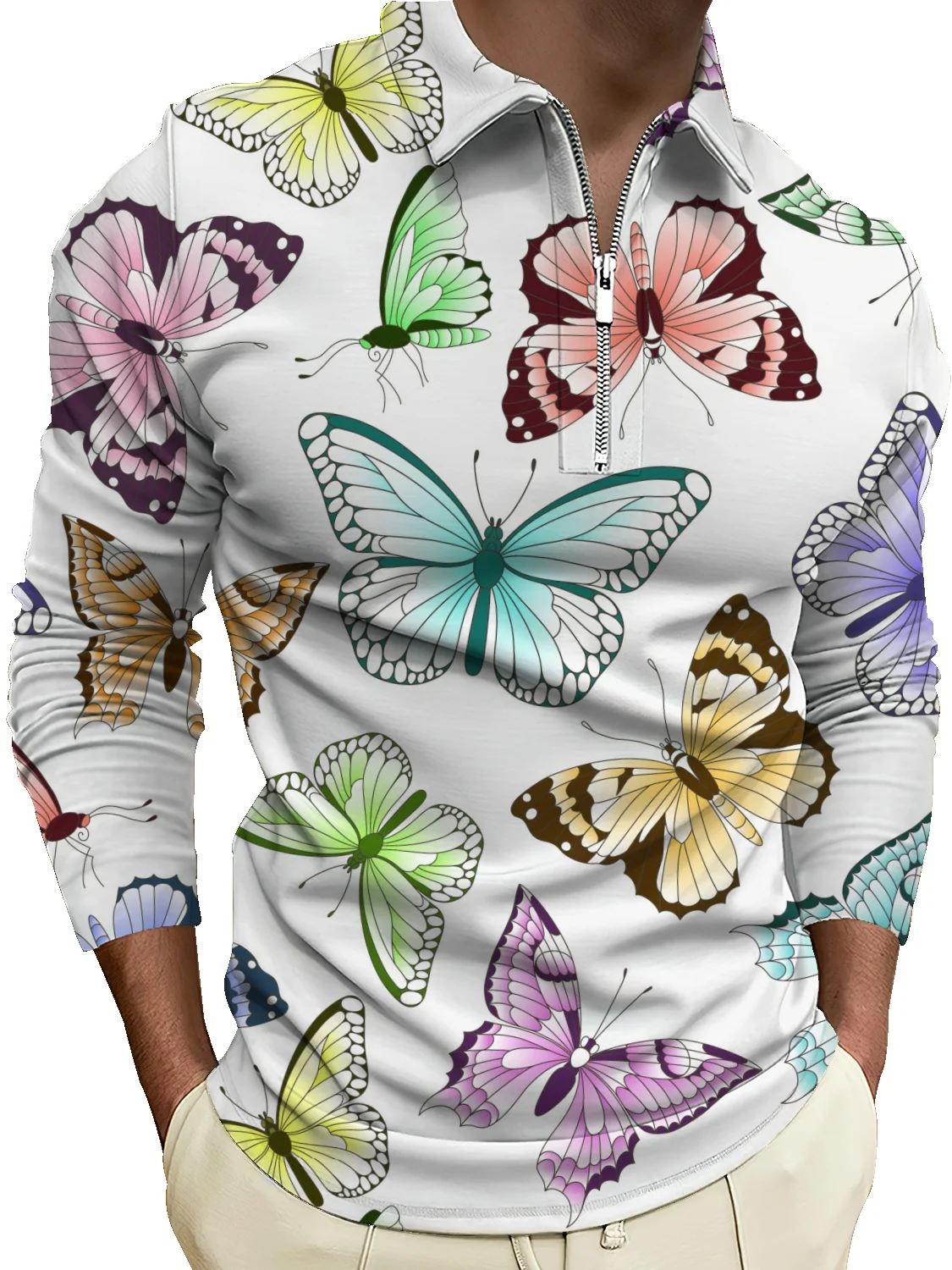 

Новинка лета 2022, мужская рубашка-поло в европейском и американском стиле, свитер на молнии, Изысканная футболка с длинными рукавами и принто...