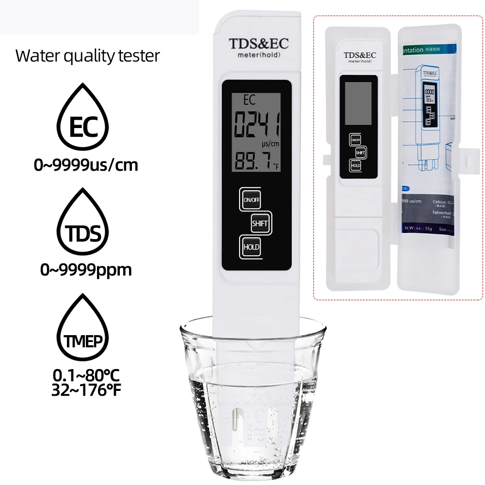 

Цифровой тестер качества воды 3 в 1 TDS EC метр Диапазон 0-9990 Многофункциональный измеритель чистоты воды Температурный метр тестер PPM