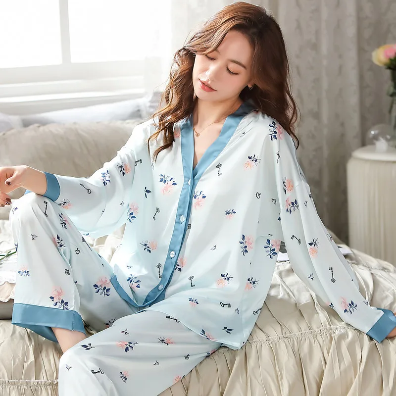 

New Design Women Cartoon Ice Silk Pajamas Sets Fashion Female Lovely Nightdress Sleepwear Family Home Clothes