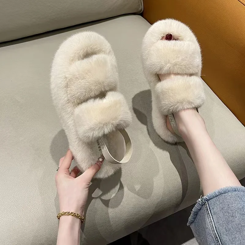 Warm Fluffy Home Slippers Women 2023 New Winter Fur Slippers For Women Flat Platform Cozy Fuzzy House Indoor Shoes Korean Slides