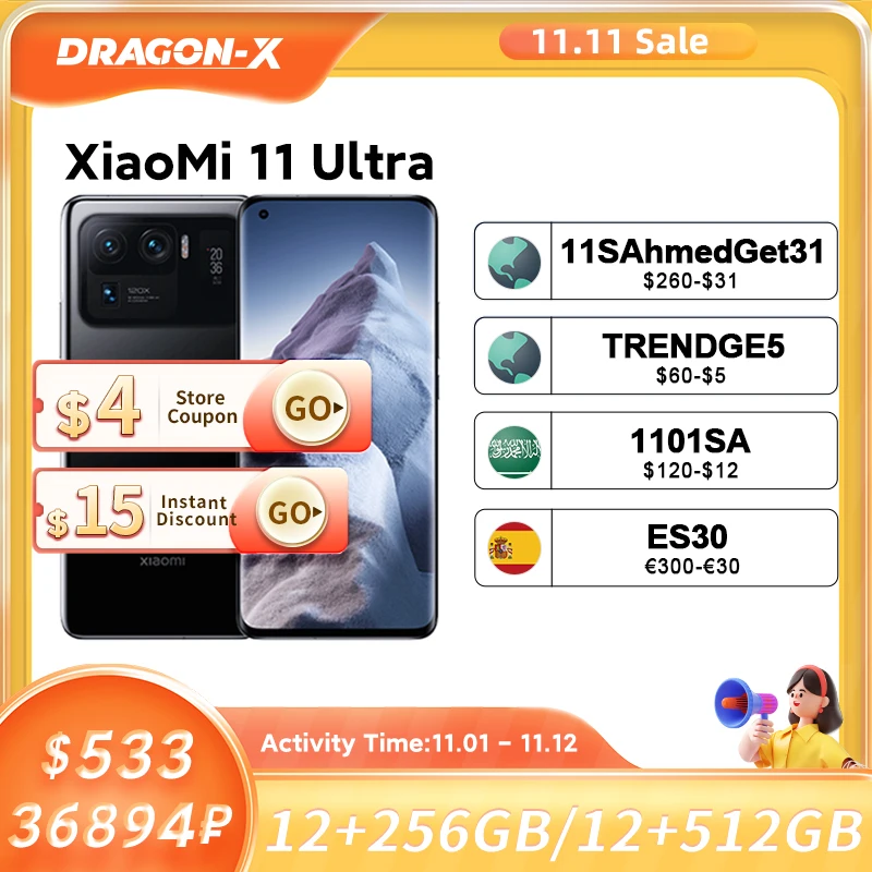 Najtaniej Xiaomi Mi 11 Ultra Global Rom Smartphone 12GB 256GB/512GB Snapdragon 888 Octa Core 2K AMOLED 120Hz 50MP Kamera 5000mAh