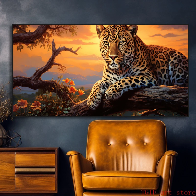 Красивая пантера леопард на дереве Картина холсте постер с дикими животными