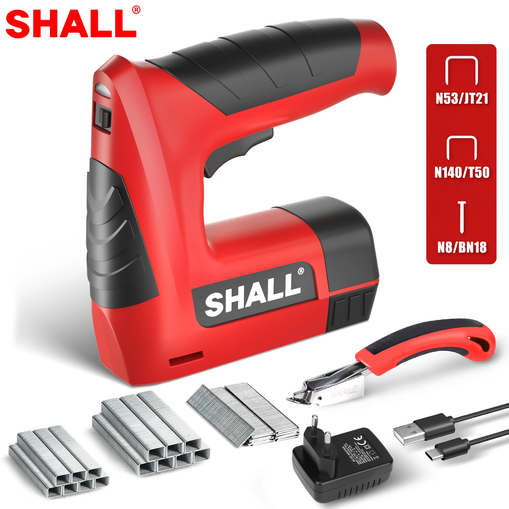 SHALL Electric Staple Gun 4V Cordless 3in1 Rechargeable Brad Nailer Set with 2500 Staples and Staple Remover fast charging
