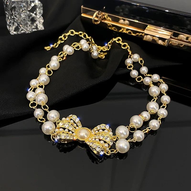 

New Fashion Pearl Bowknot Pendant Necklace for Women Bow Rhinestone Temperament Necklace Girl Wedding Party Jewelry Gift