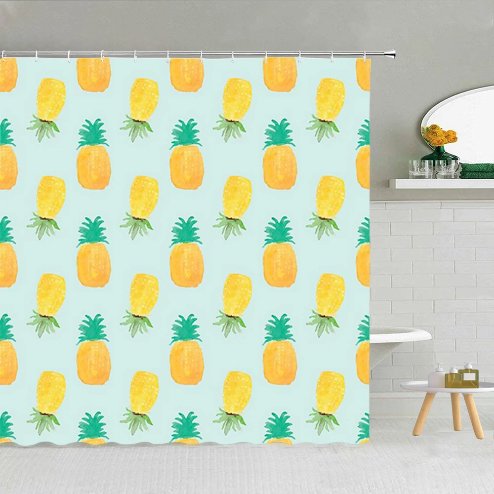 

Green Leaves Printed Shower Curtain Orange Cherry Pineapple Flowers Waterproof Fabric Bathroom Decor Curtains With Hooks
