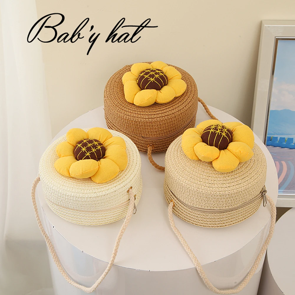 

Kids Sunflower Straw Shoulder Bag Girl Summer Sweet Purse Princess Mini Handbag Casual Travel Handbags for Children