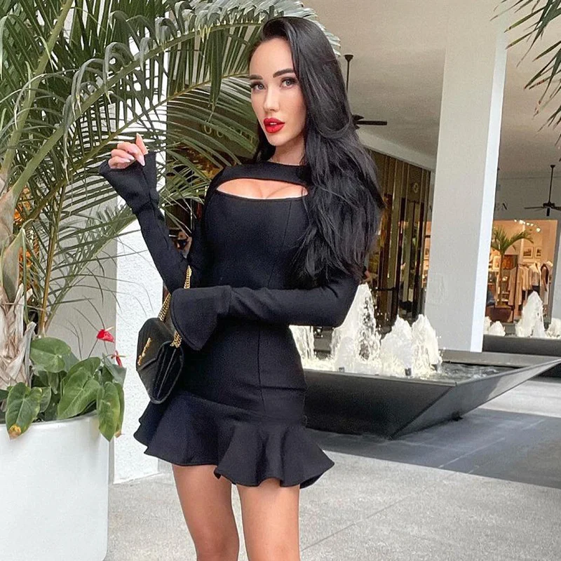 

The new listing long sleeve hollow out slim fit Ruffle short dress luxury designer clothing women y2k fashion