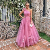 evening dresses for women pink long pleat feathers prom gowns engagement party one shoulder a line special duabi de gala