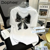loose white cotton t shirts women 2022 korean style embroidery sequins bow patch round neck short sleeve tee tops