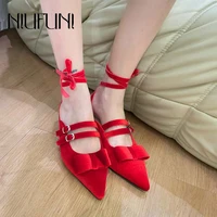 red black velvet bow muller shoes thick high heels womens sandals shoes solid color pointed ankle strap ribbon hollow buckle