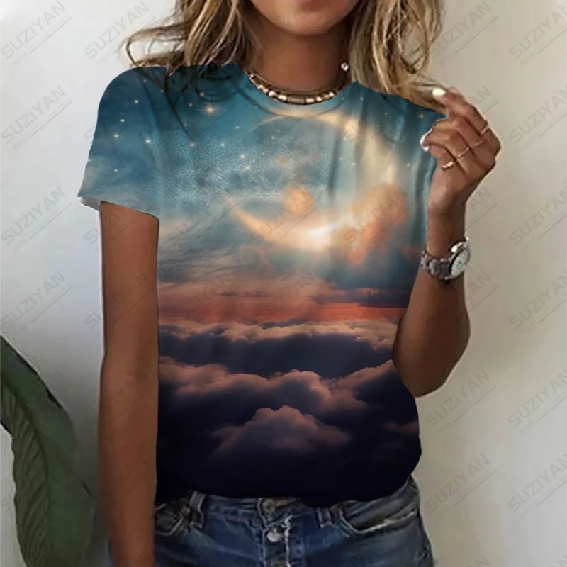 

Женская футболка с принтом лунного неба, летняя новая футболка с коротким рукавом, Классическая простая футболка, свободная футболка для отдыха