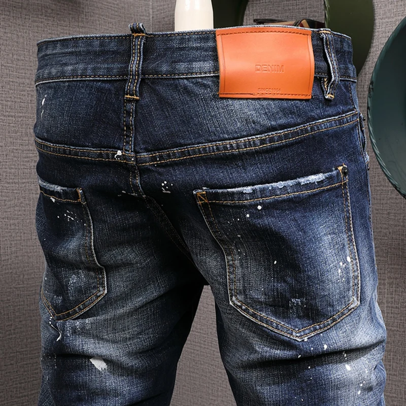High Street Fashion Men Jeans Retro Blue Elastic Slim Fit Ripped Jeans Men Buttons Trousers Vintage Designer Brand Pants Hombre