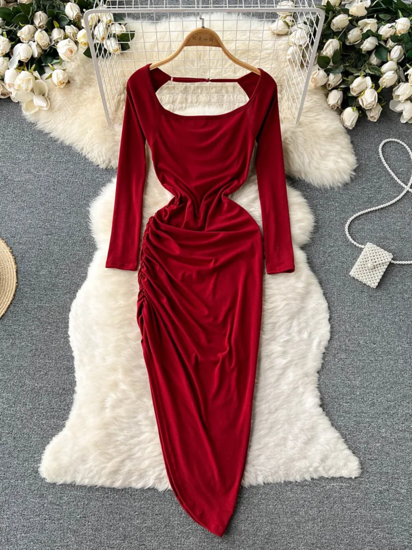 

Женское вечернее платье с открытой спиной, длинное асимметричное Клубное платье с длинным рукавом, квадратным вырезом и рюшами, весна-осень...