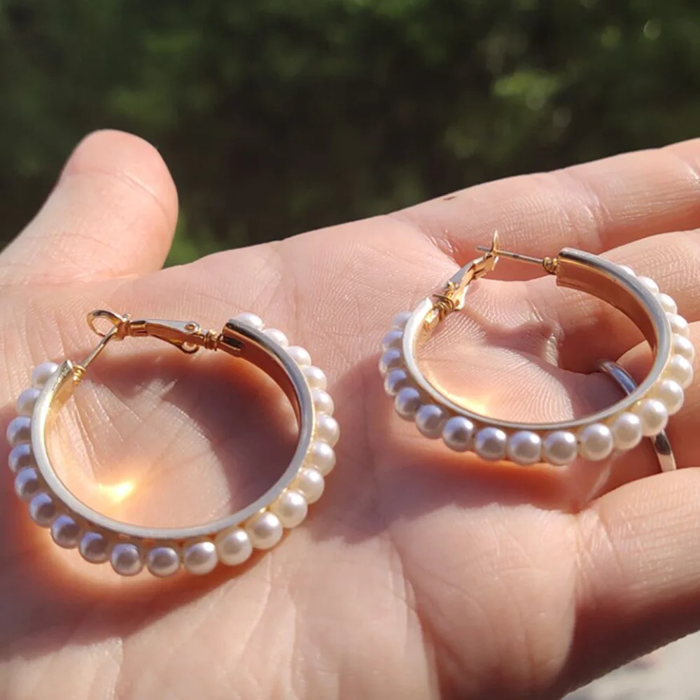 

2022 New Fashion Pearl Hoop Earrings For Women Girl Vintage Gold Metal Circle Bohemia Party Trendy Jewelry Gifts Party