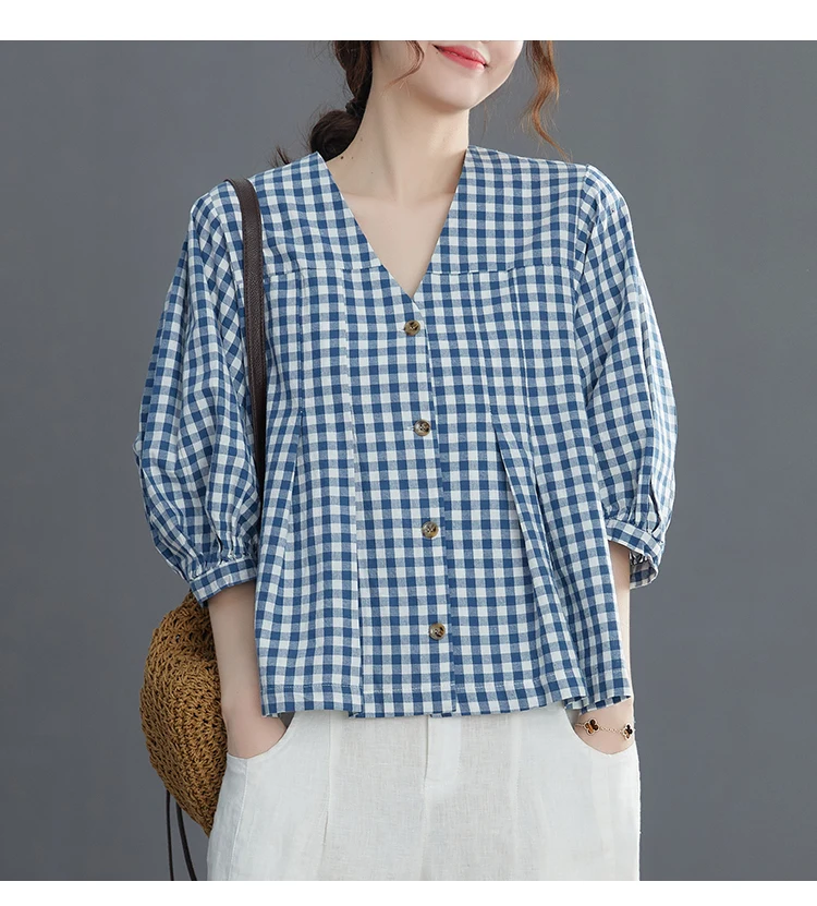 

Aransue Plaid Shirt Women's 2022 Summer Top New Literature And Art Bubble Sleeve V-Neck Doll Blouse Dropshipping