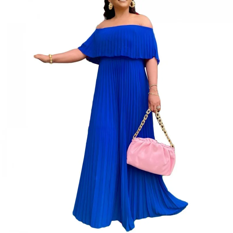 

Robe African Maxi Dress Women Slash Neck High Waist Ropa Mujer Summer Solid Pleated Dashiki Traditional African Party Dress Gown