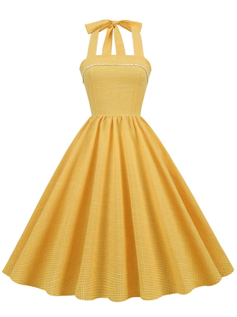 Yellow Plaid Halter 50s Robe Femme 