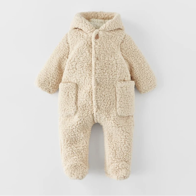 Fleece Baby Hooded Overall Winter Warm Baby Boy Girl Clothes Long Sleeve Newborn One-Piece Jumpsuit Patch Pockets Baby Outerwear