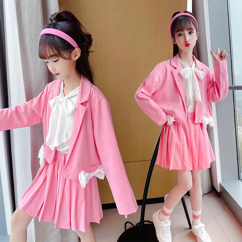 

Suit for Girls Pink Blazer Skirt Bow White Shirt Three Pieces Children's Outfits Spring Casual School Princess Teen Kids Costume
