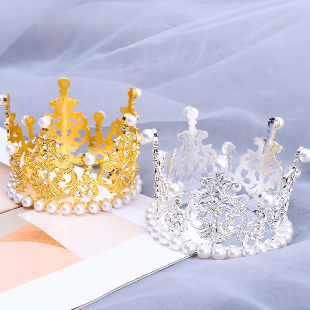 

Mini Crown Birthday Cake Decoration with Imitation Diamond Pearl Princess Children Hair Ornaments Wedding Party Cake Decoration