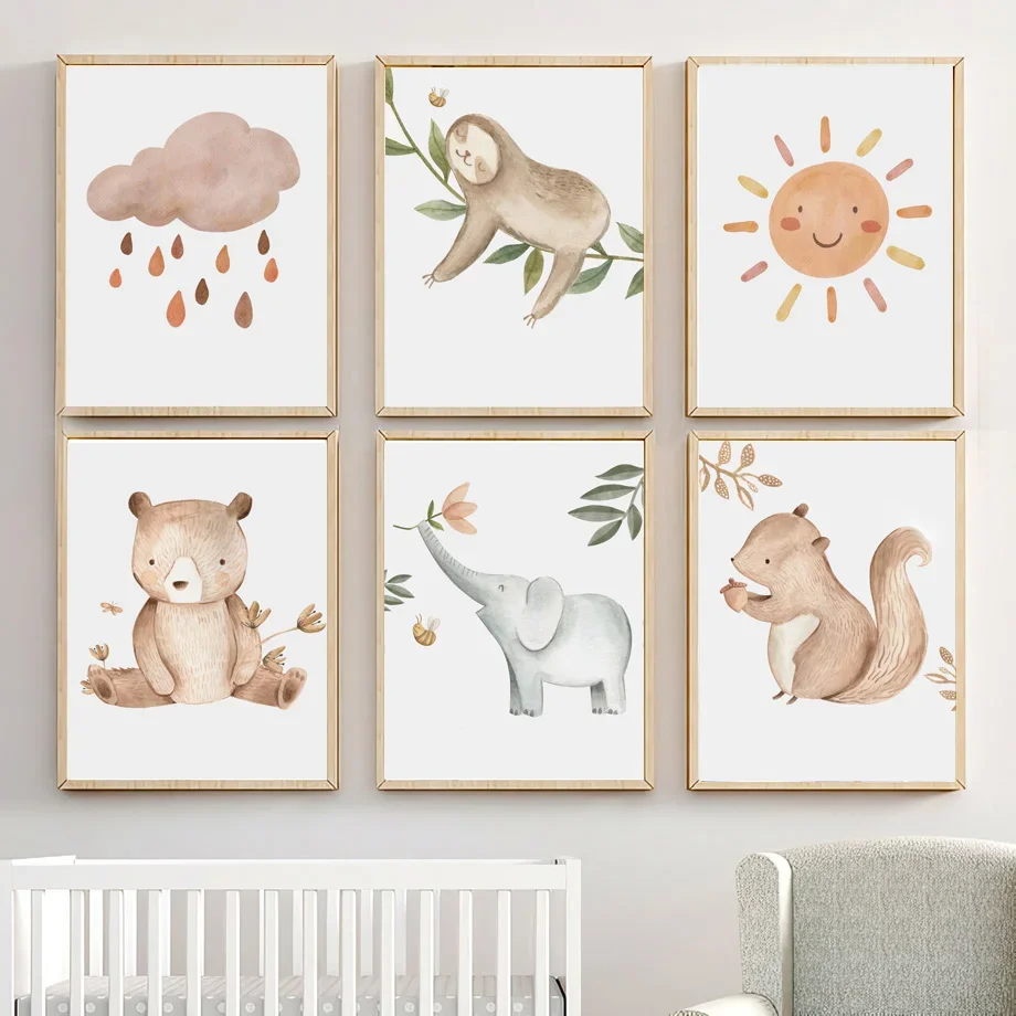Настенная картина в стиле бохо медведь енот слон белка Ленивец солнце облако