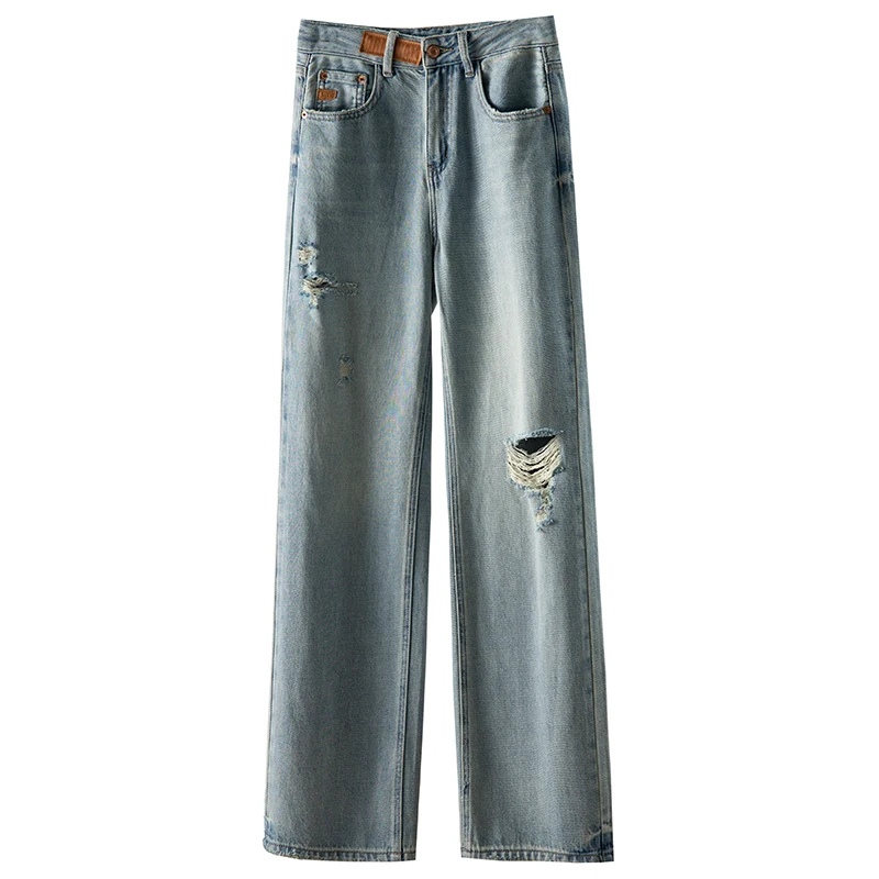 98% Cotton New Streetwear Women HOLE Jean  Full Length  Do Old  Distressed  Zipper Fly  STRAIGHT  Boyfriend Jeans for Women