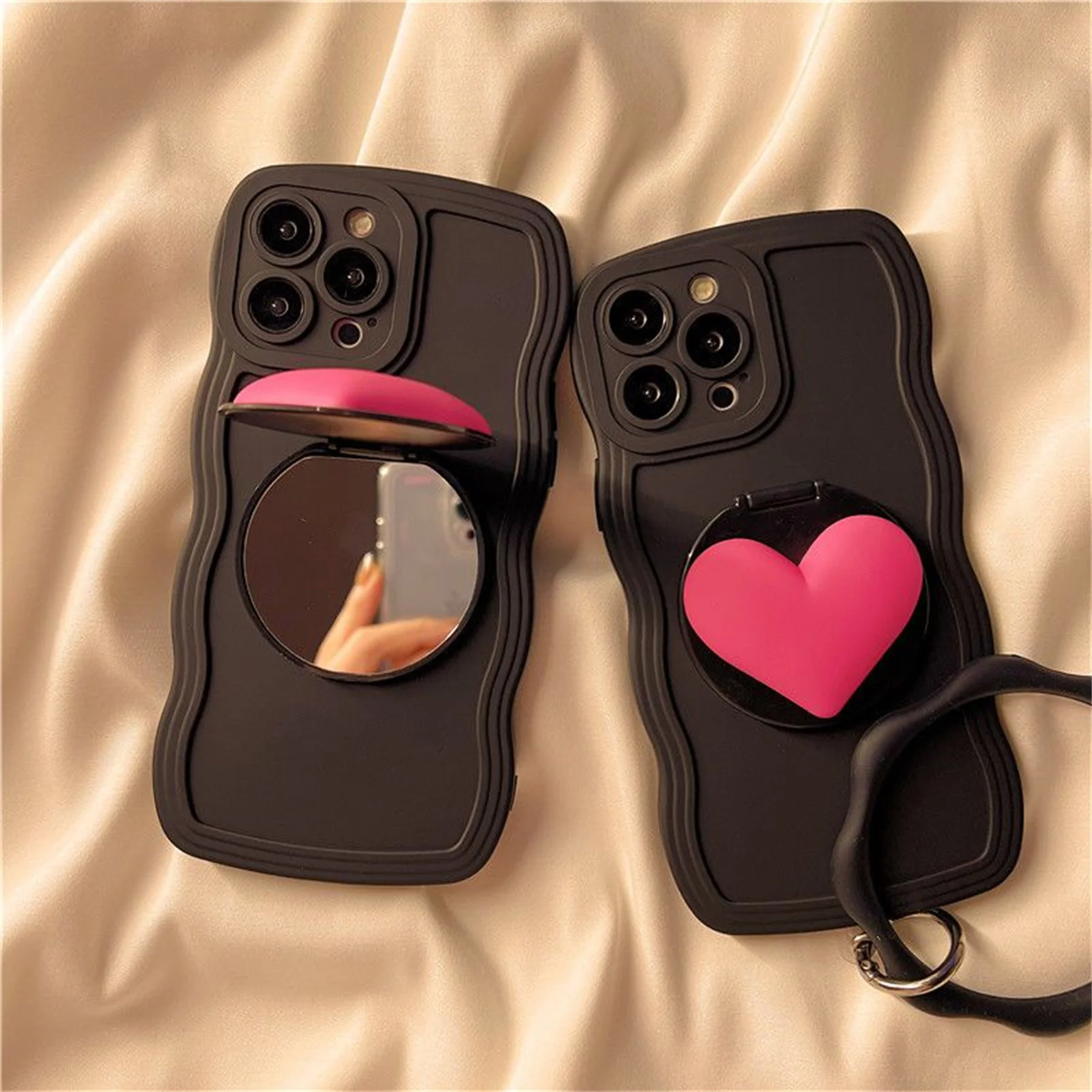 Cute Korean 3D Love Heart Cosmetic Mirror Wave Black Case with Hand Strap for iPhone 14 13 12 11 Pro Max XS X XR Soft Back Cover