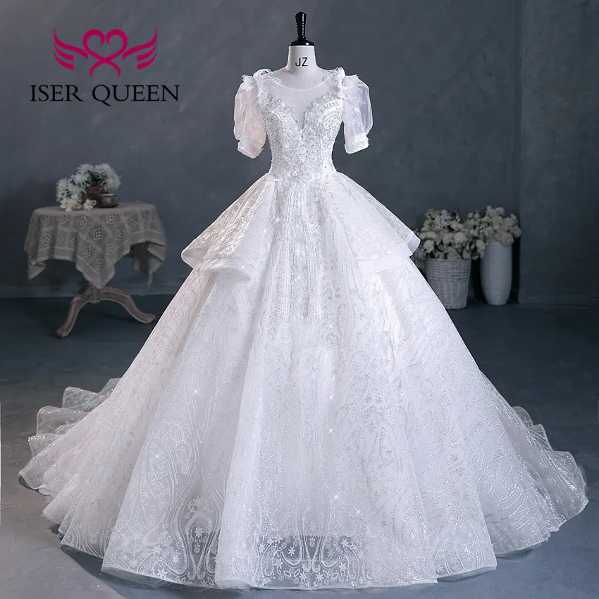 

Short Sleeves Sheer Neck Ball Gown Wedding Dresses 2023 Bright Sequin Organza Europe Fashion Bride Dress For Women WX0292
