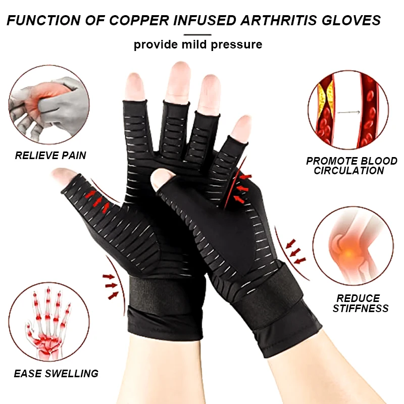 1 Pair Arthritis Compression Gloves Copper Fingerless Gloves with Wrist Strap for Arthritis Rheumatoid Typing Join Pain Relief