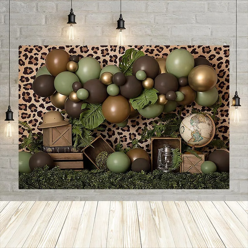 

Safari Birthday Party Backdrop for Photography Forest Jungle Green Gold Balloon Boy Portrait Background Photo Studio Decor Props