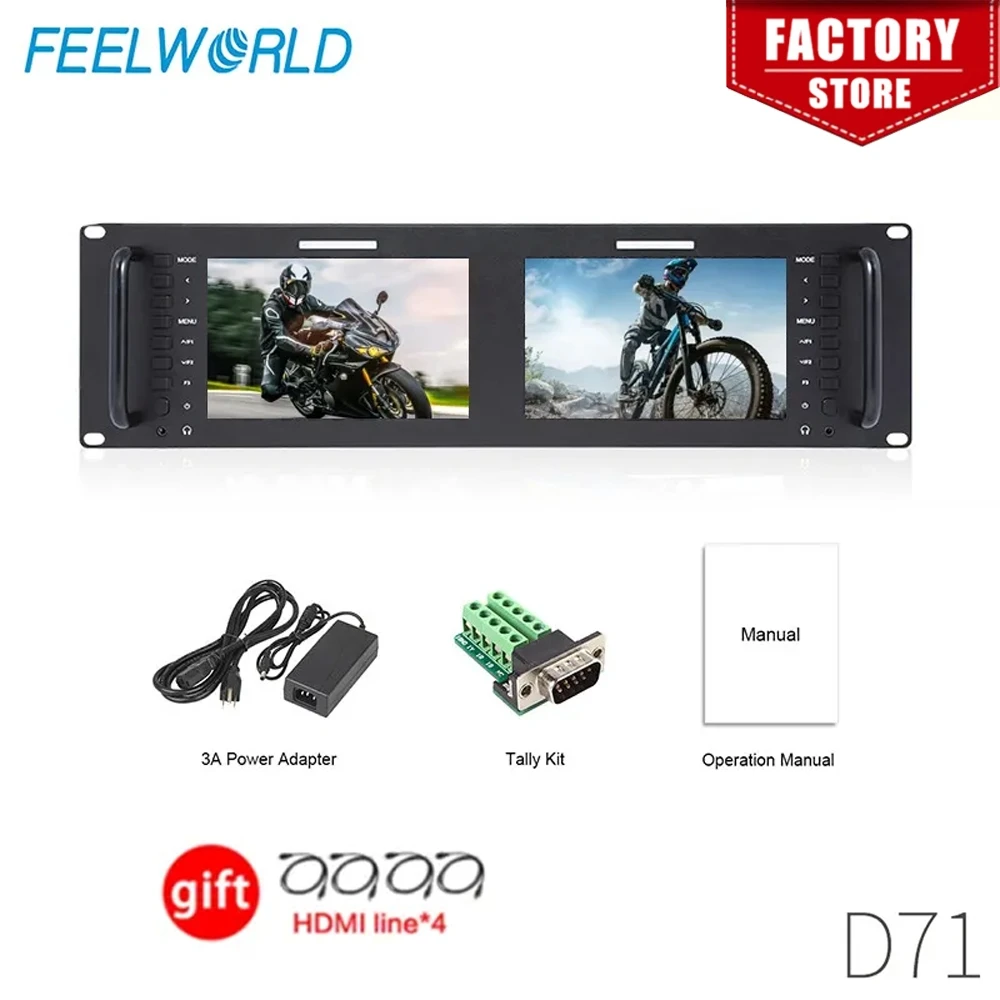 Монитор FEELWORLD Dual 7 дюймов 3RU IPS 1280x80 0, ЖК-монитор с креплением в стойку, 3G-SDI, HDMI, вход и выход AV D71 для трансляции