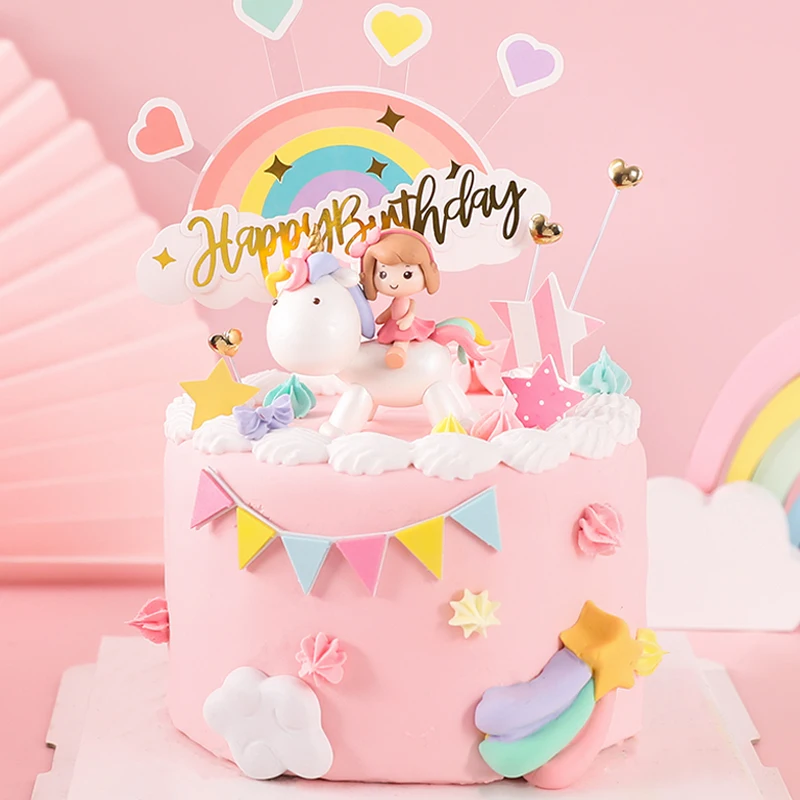 

Украшение для торта в виде девочки мечты на день рождения, единорог, девочка, кукла, украшение, Розовая Радуга, пятиконечная звезда, вставка