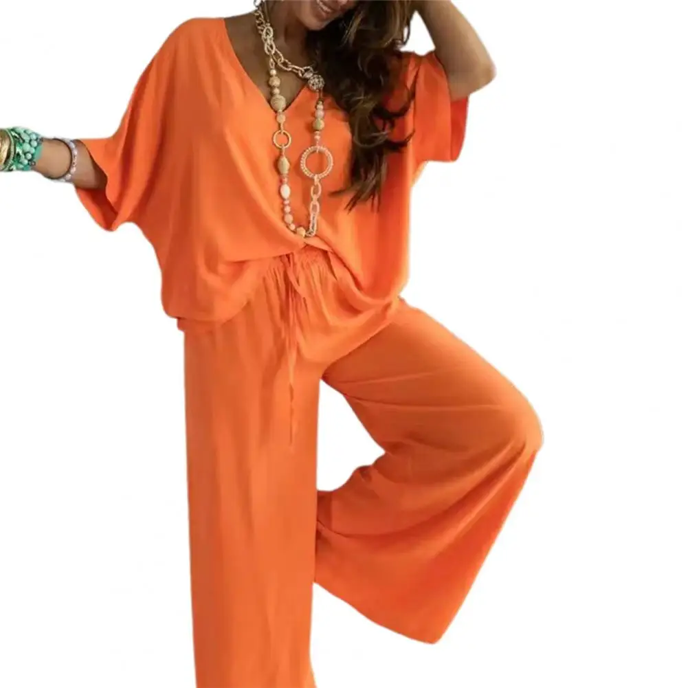 

Short-sleeved Top Pants Set Stylish Women's Summer V-neck Batwing Tops Wide Leg Pants Set Loose Fit Casual Outfit with Elastic