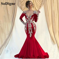 sodigne velour beaded evening dresses long sleeve v neck appliques lace mermaid prom dress 2022 women formal party gown