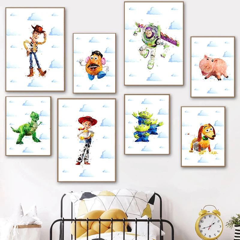 Картина на холсте Disney Toy Story Wall Art с изображением Вуди, Базза Лайтера и других персонажей для детской спальни в стиле карикатуры, домашнего декора.