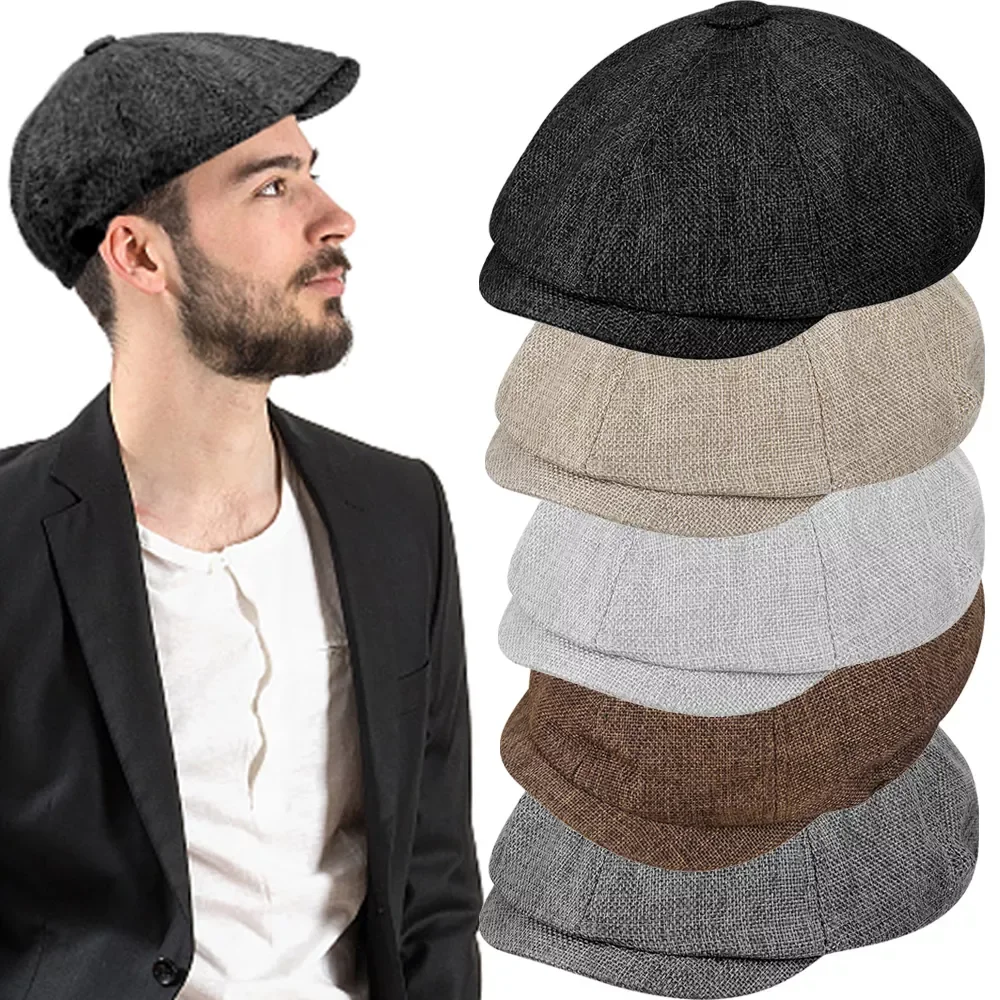 

Men Newsboy Hat Retro Men's Beret Hat Casual Street Caps Unisex Hemp Wild Octagonal Brim Cap for Men Winter Spring Hats