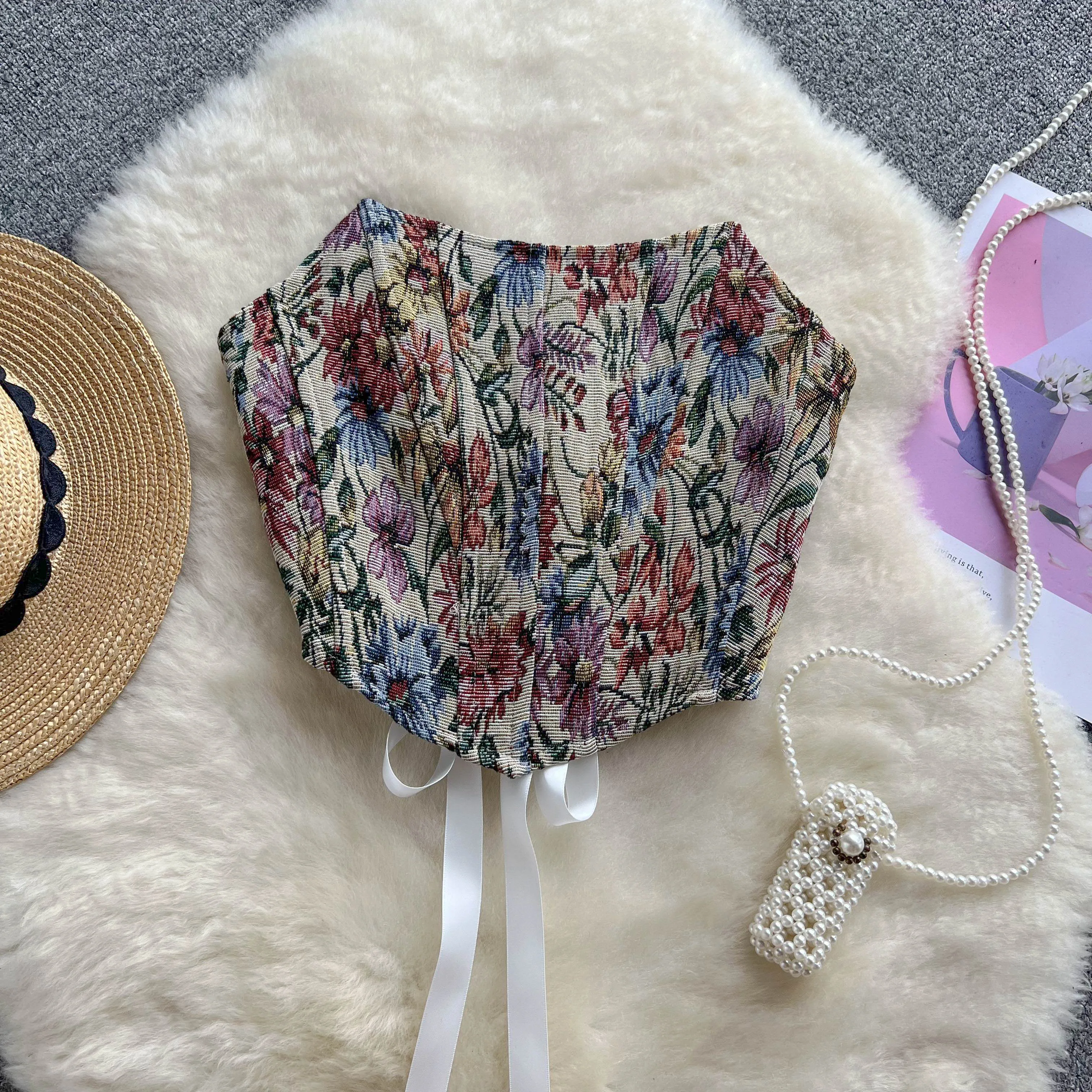 

Women's Vintage Print Camis Irregularity Denim Crop Top Chest Wrap Floral Tank Tops Backless Bandage Off Shoulder Sexy Corset